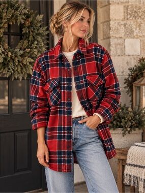 Boston Traders Red Navy Plaid Flannel Shirt Medium Cozy Oversized